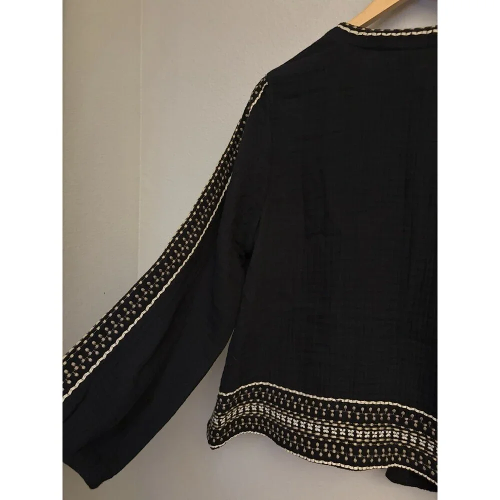 J Jill Black Cotton Gauze Jacket Open Embroidered Classic Boho Women’s Sz M